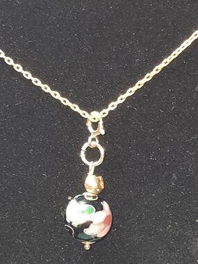 14kt Gold Pendant with Black Floral Cloisonné Bead. Charm Only